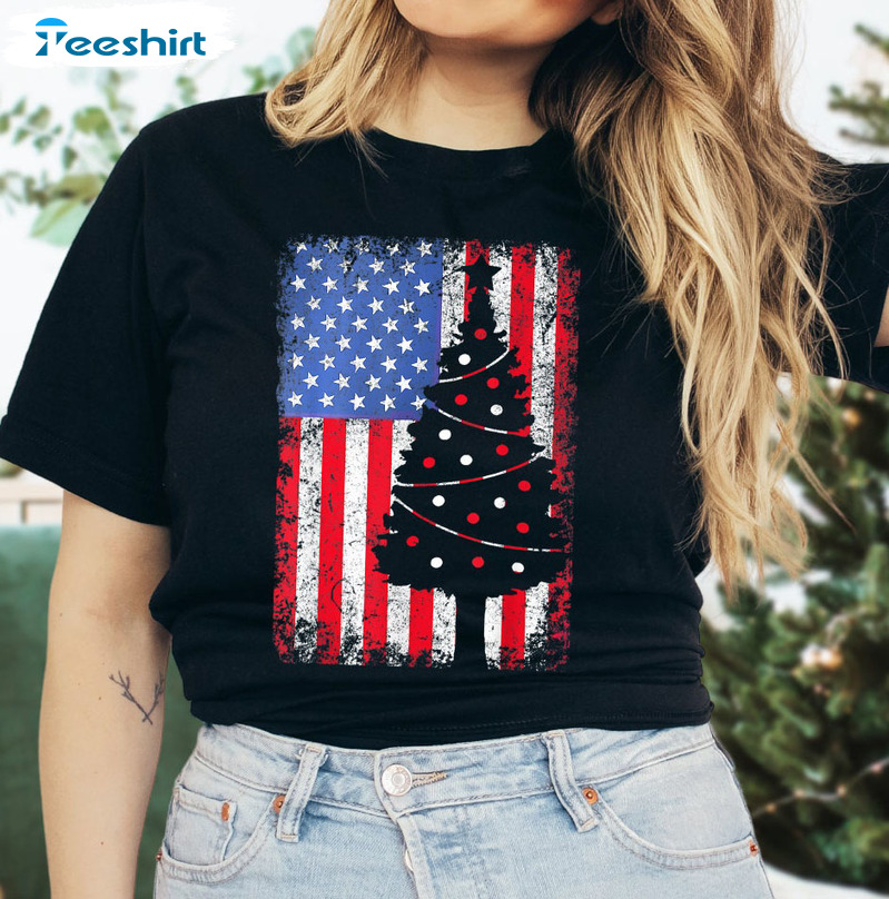 Christmas Tree American Flag Shirt, Xmas American Flag Hoodie Short Sleeve