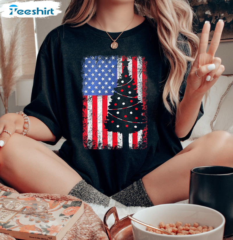 Christmas Tree American Flag Shirt, Xmas American Flag Hoodie Short Sleeve