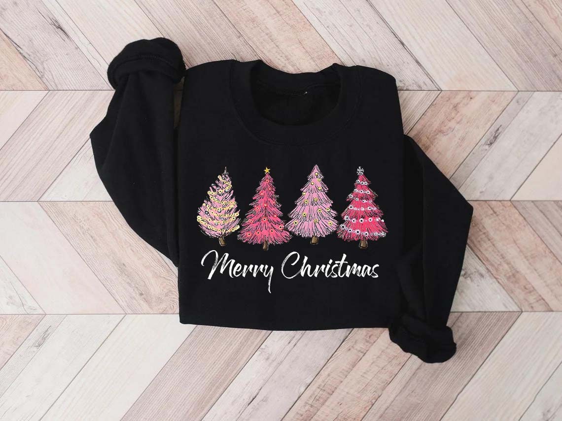 Christmas Trees Lights Sow Pink Cozy Winter Sweatshirt