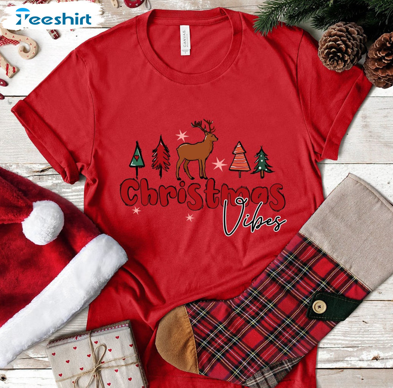 Christmas Vibes Shirt, Cute Reindeer And Christmas Tree Unisex Hoodie Long Sleeve