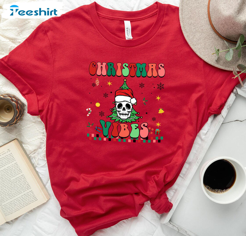 Christmas Vibes Shirt, Funny Christmas Skull Sweatshirt Short Sleeve