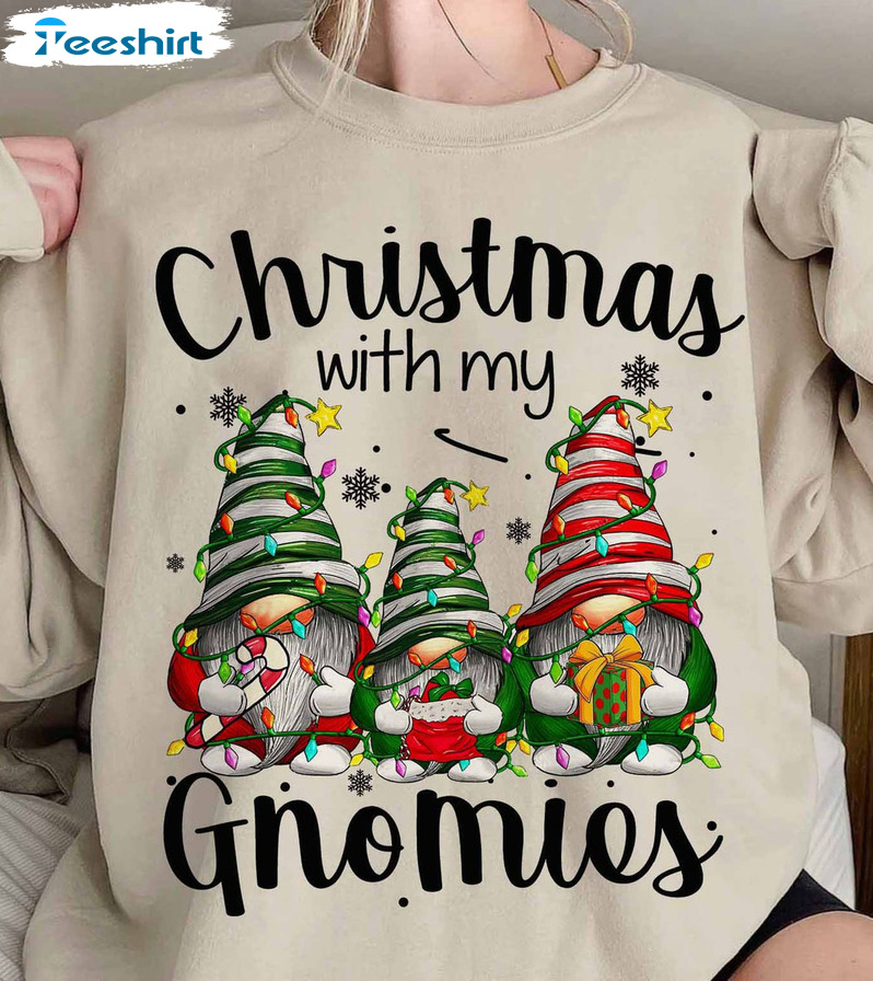 Christmas With My Gnomies Sweatshirt – Gnomes Candy Xmas Lights Short Sleeve Tee Tops