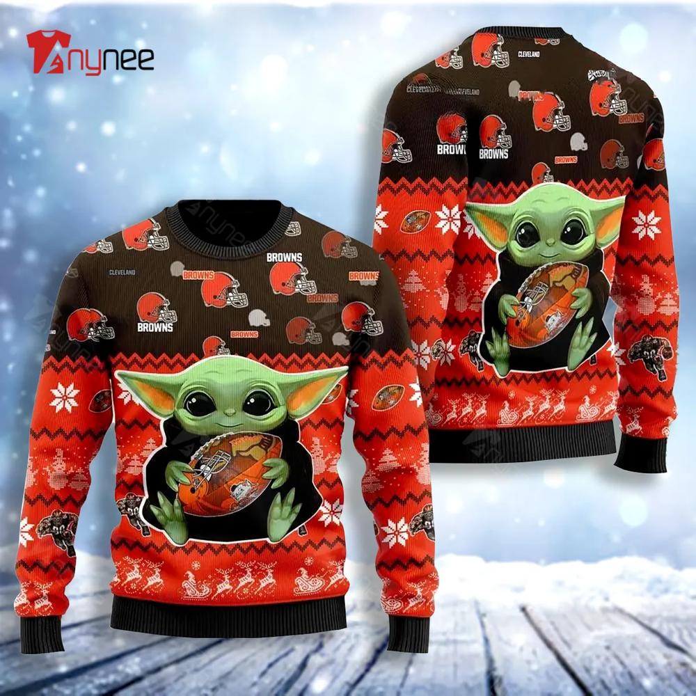 Cleveland Brown Baby Yoda For American Football Fans Ugly Christmas Sweater- Best Christmas Gifts 2023