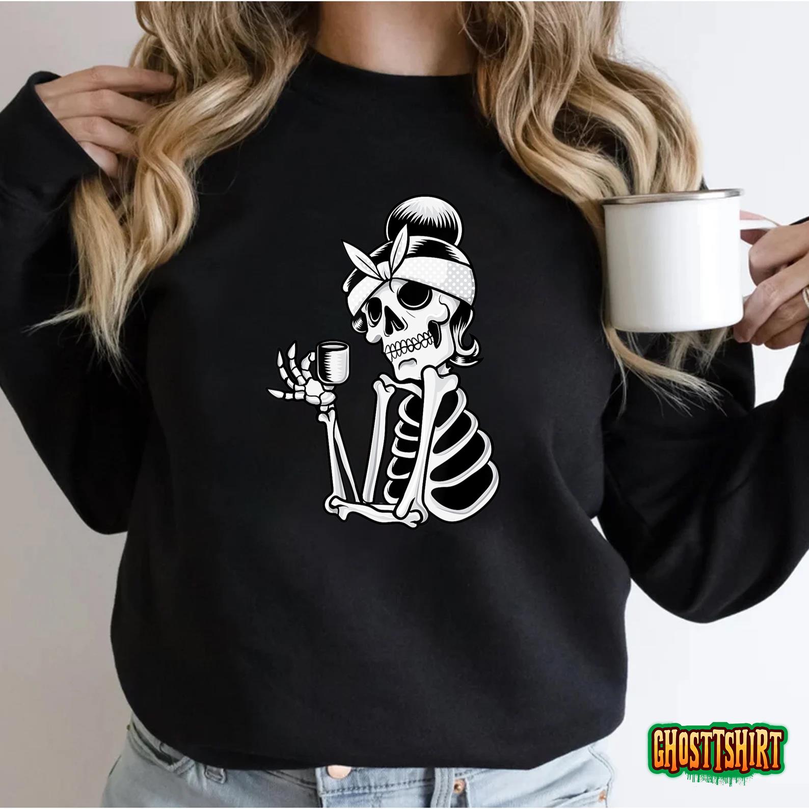 Coffee Drinking Skeleton Lazy DIY Halloween Costume Women T-Shirt