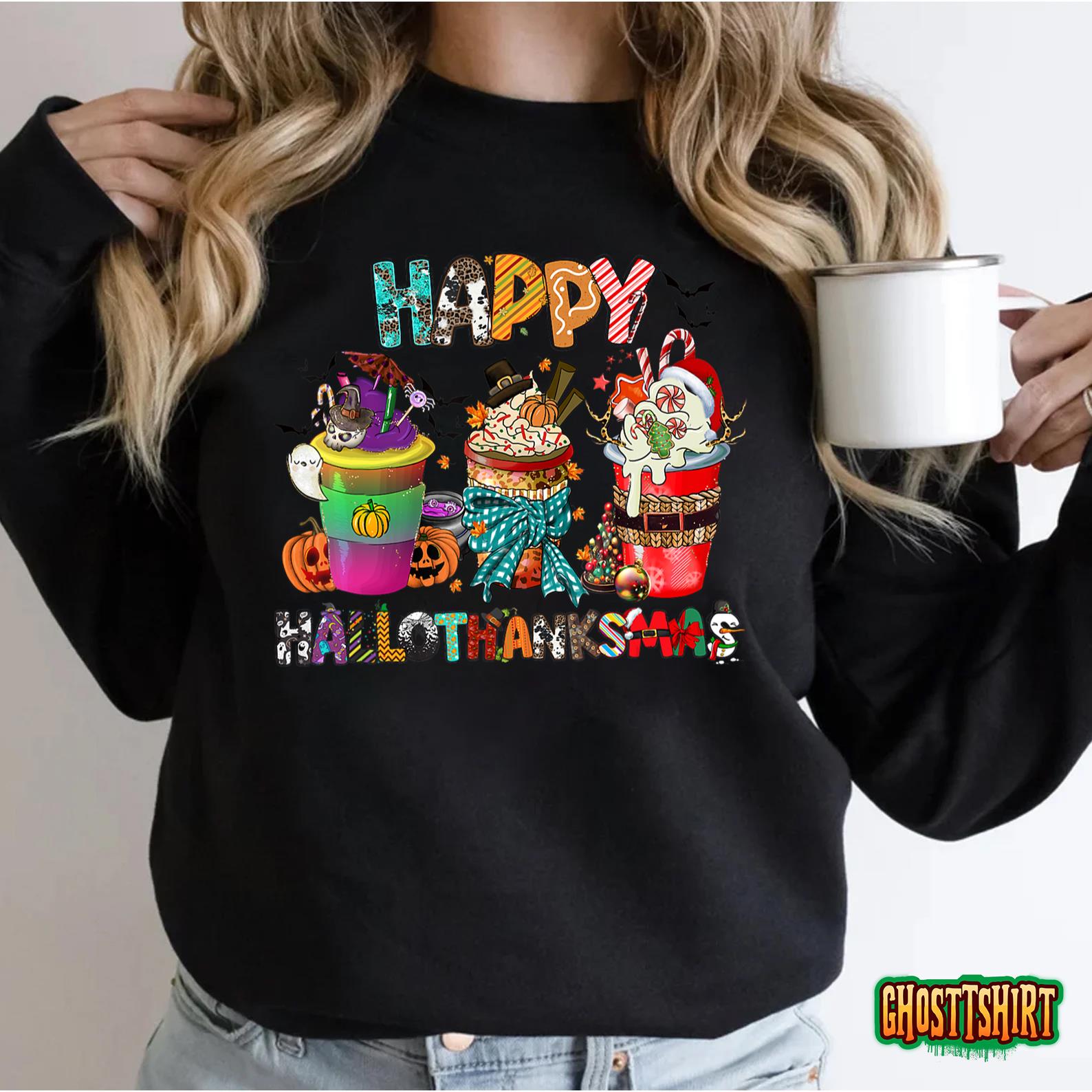 Coffee Halloween Thanksgiving Christmas Happy Hallothanksmas T-Shirt