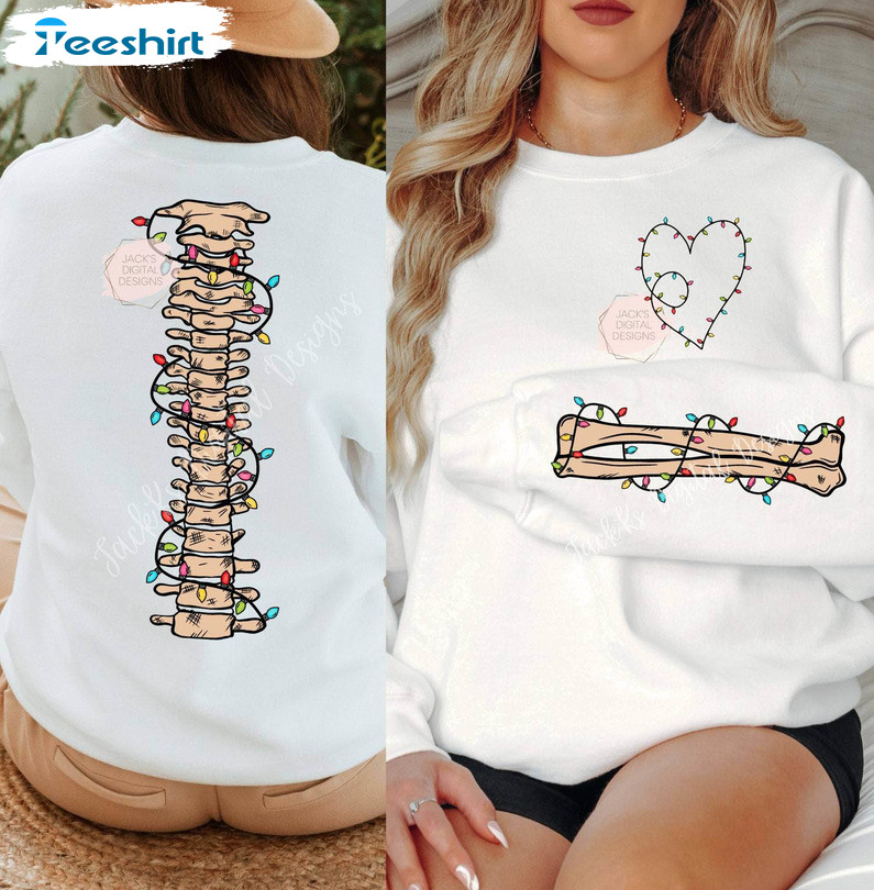 Comfort Christmas Skeleton Shirt, Christmas Light Spine Long Sleeve Unisex T Shirt