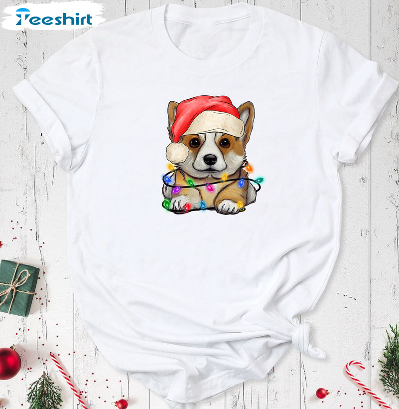 Corgi Christmas Shirt, Dog Dad Xmas Lights Short Sleeve Tee Tops