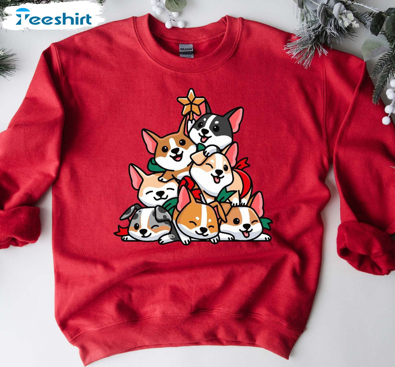 Corgi Christmas Tree Shirt, Merry Woofmas Vintage Unisex T-shirt Tee Tops