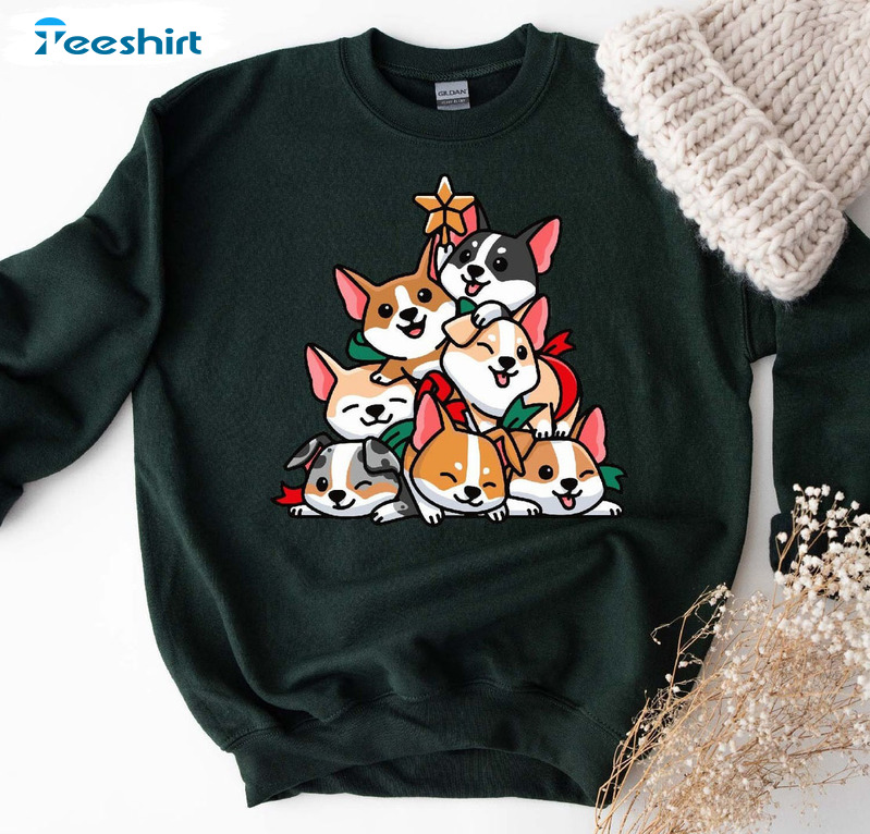 Corgi Christmas Tree Shirt, Merry Woofmas Vintage Unisex T-shirt Tee Tops