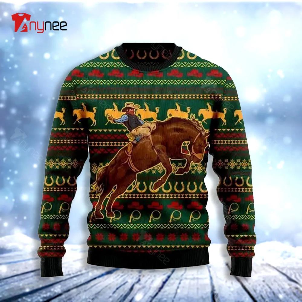 Cowboy On Bucking Horse Ugly Christmas Sweater- Best Christmas Gifts 2023