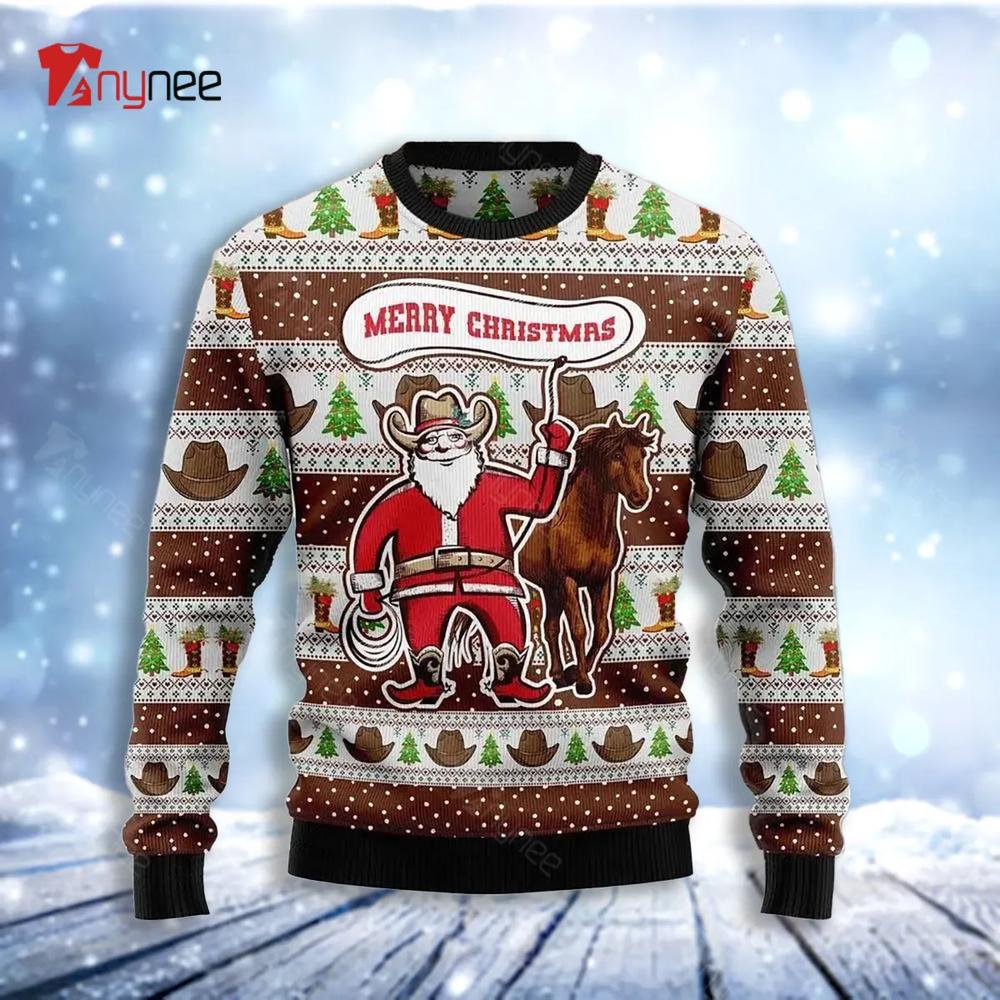 Cowboy Santa Claus Merry Christmas Ugly Christmas Sweater- Best Christmas Gifts 2023