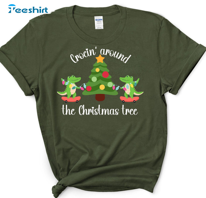 Crocin Around The Christmas Tree Sweatshirt, Funny Crocodile Long Sleeve Unisex Hoodie