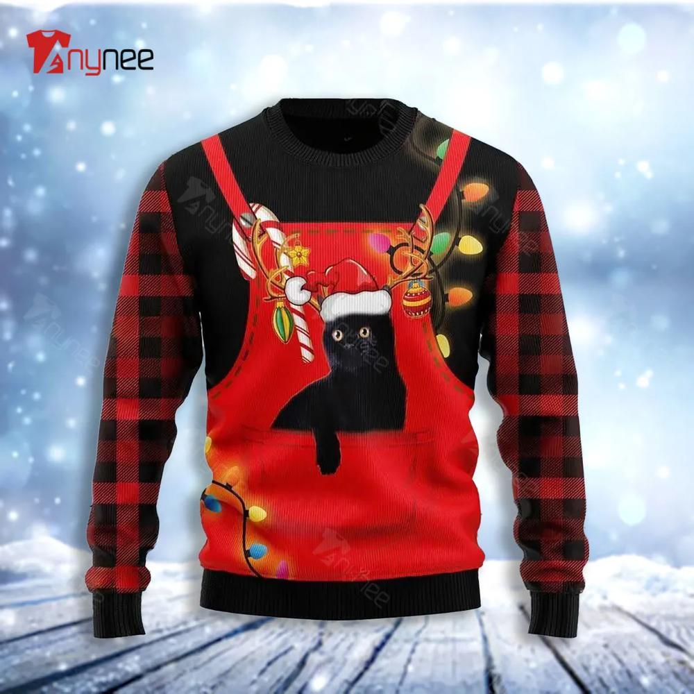 Cute Black Cat In Pocket Ugly Christmas Sweater- Best Christmas Gifts 2023