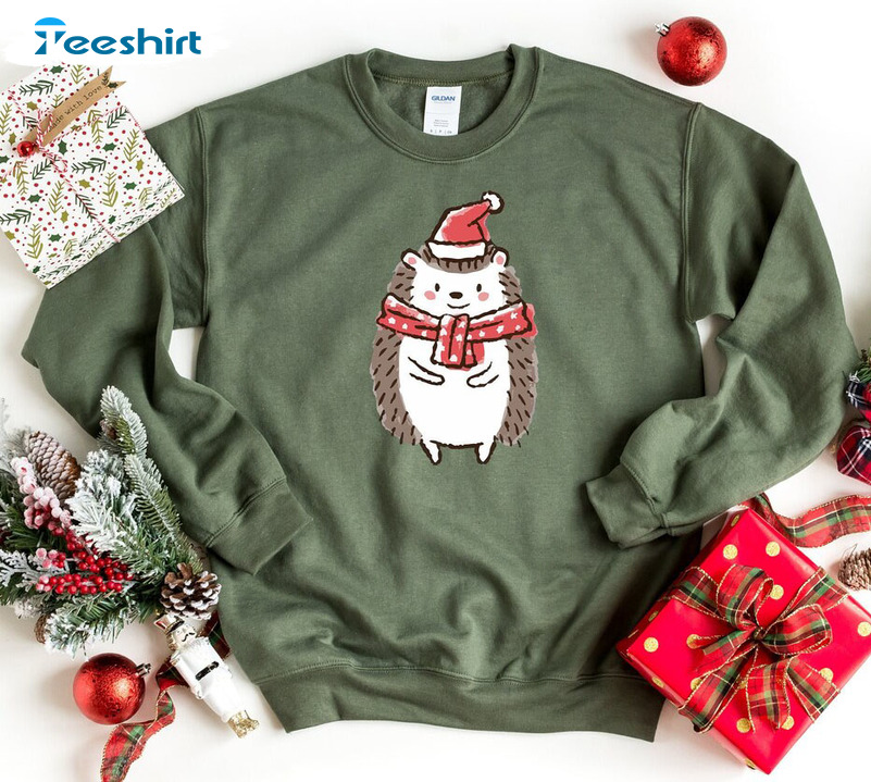 Cute Christmas Hedgehog Shirt, Hedgehog Santa Hat Christmas Unisex Hoodie Long Sleeve