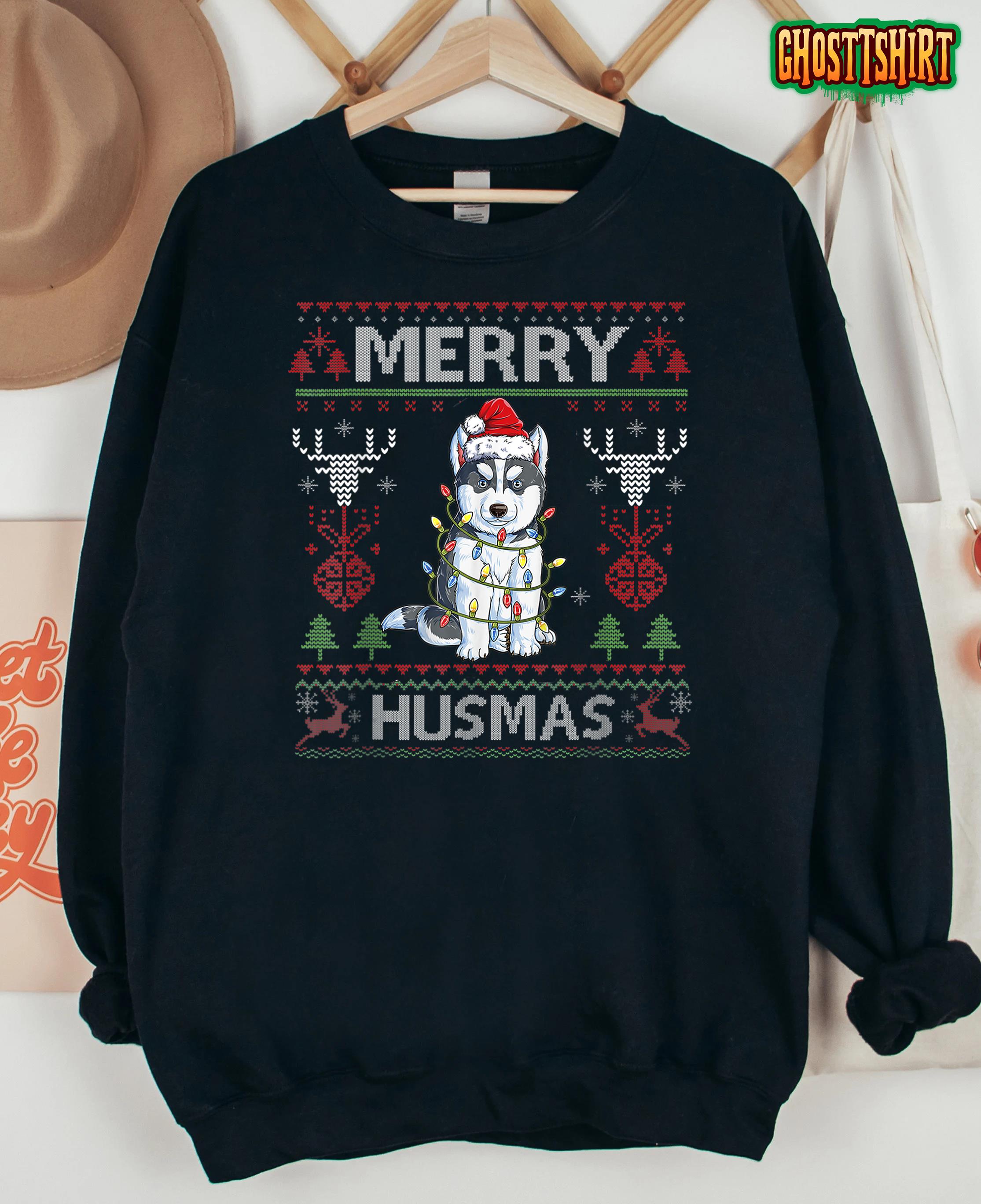 Cute Merry Huskymas Ugly Sweater Husky Christmas Tree Dog T-Shirt