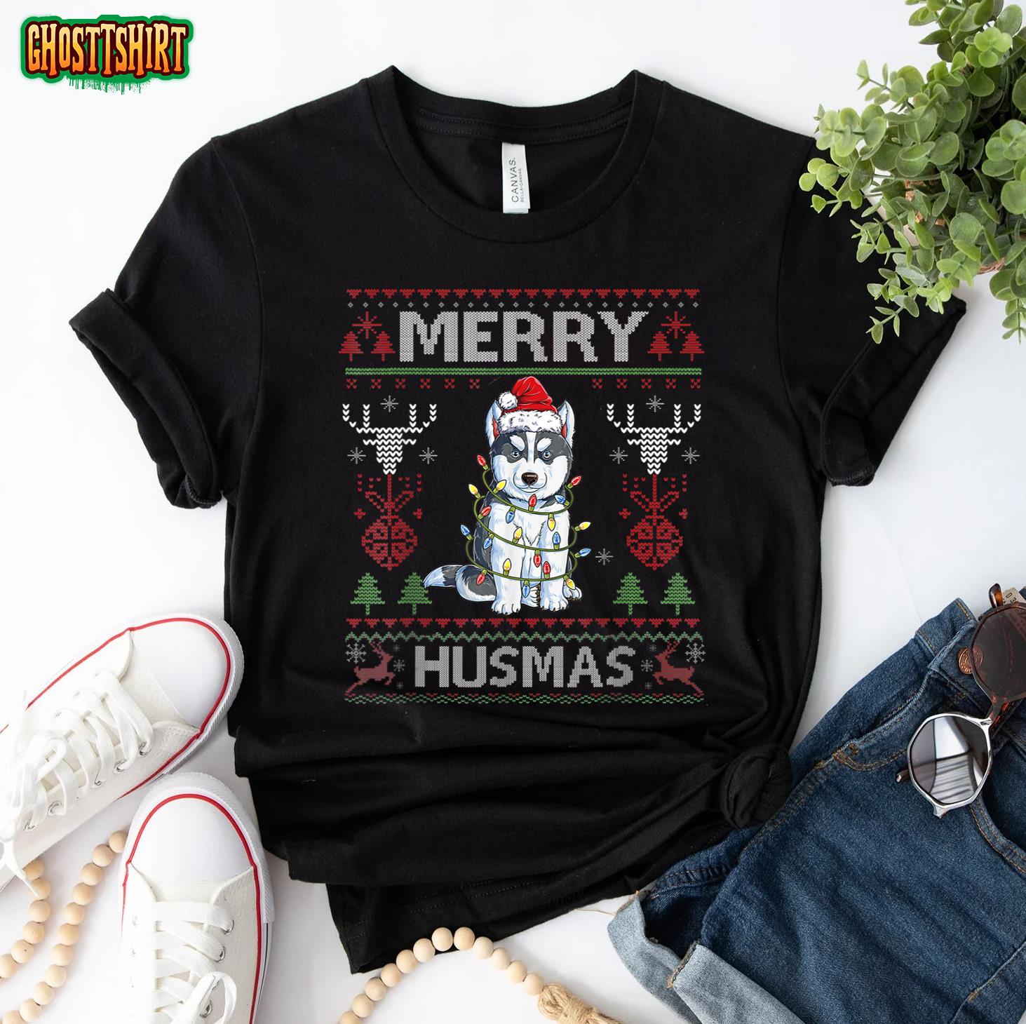 Cute Merry Huskymas Ugly Sweater Husky Christmas Tree Dog T-Shirt