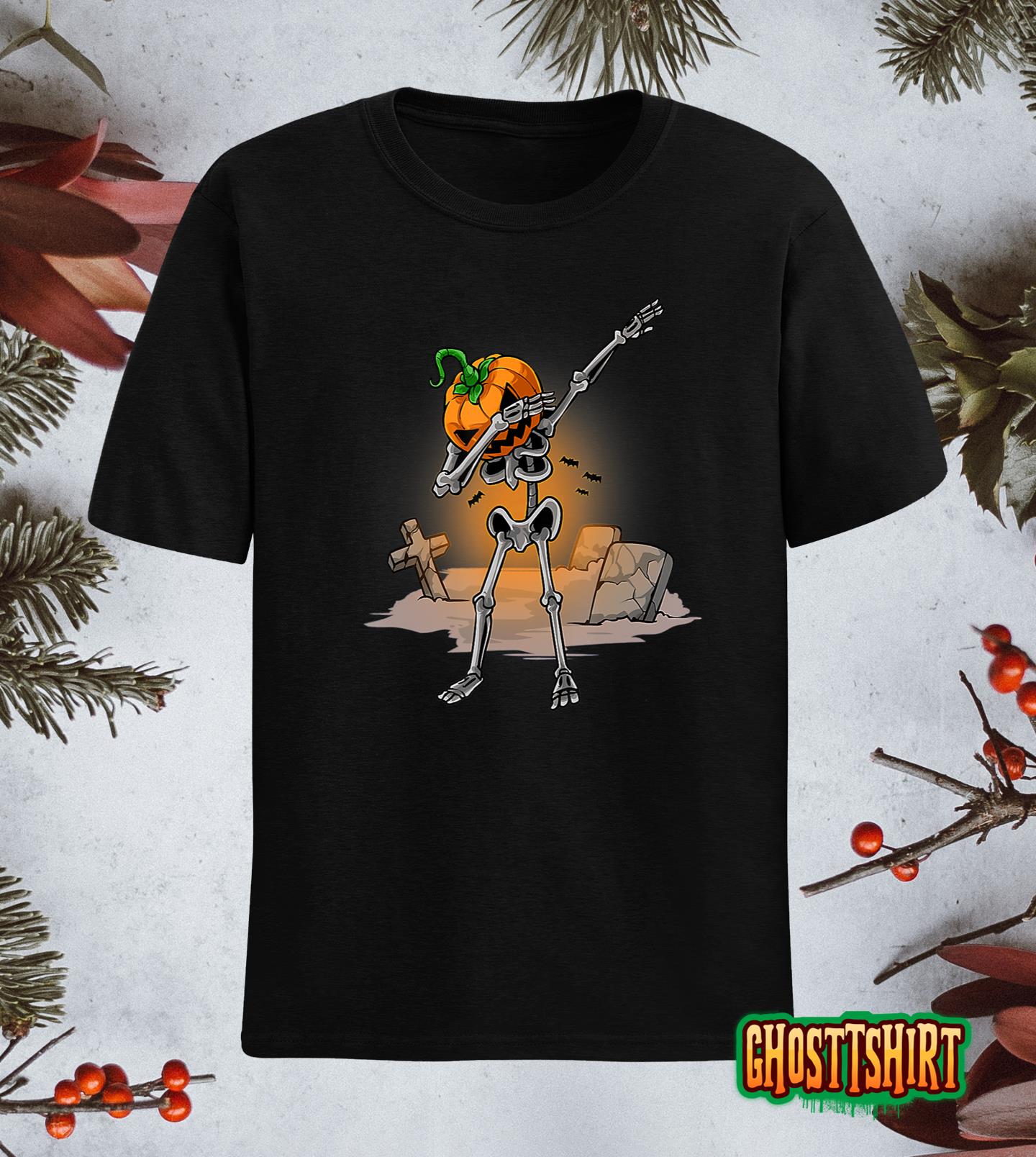 Dabbing Skeleton Pumpkin Shirt Halloween 2022 Men Dab Dance T-Shirt