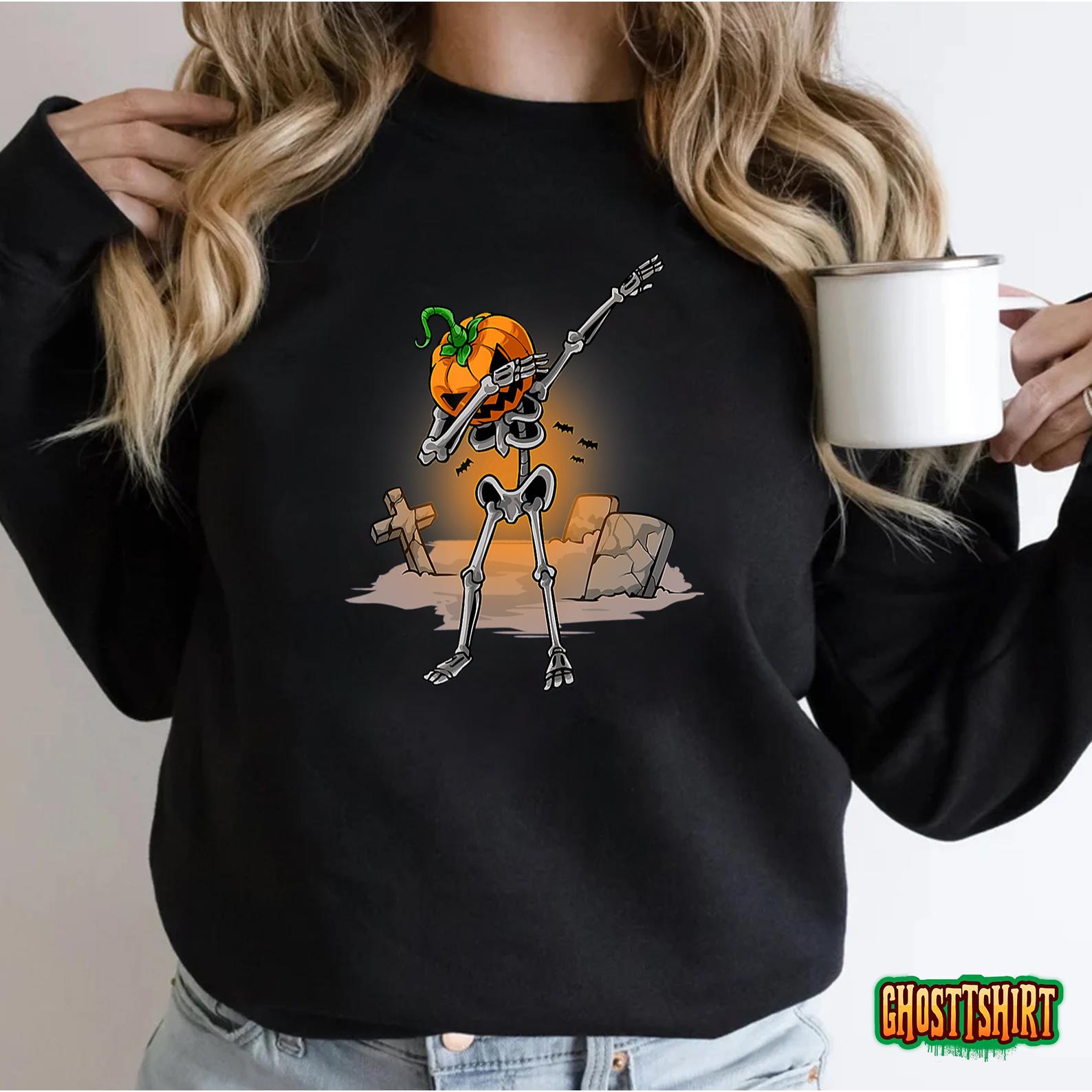 Dabbing Skeleton Pumpkin Shirt Halloween 2022 Men Dab Dance T-Shirt