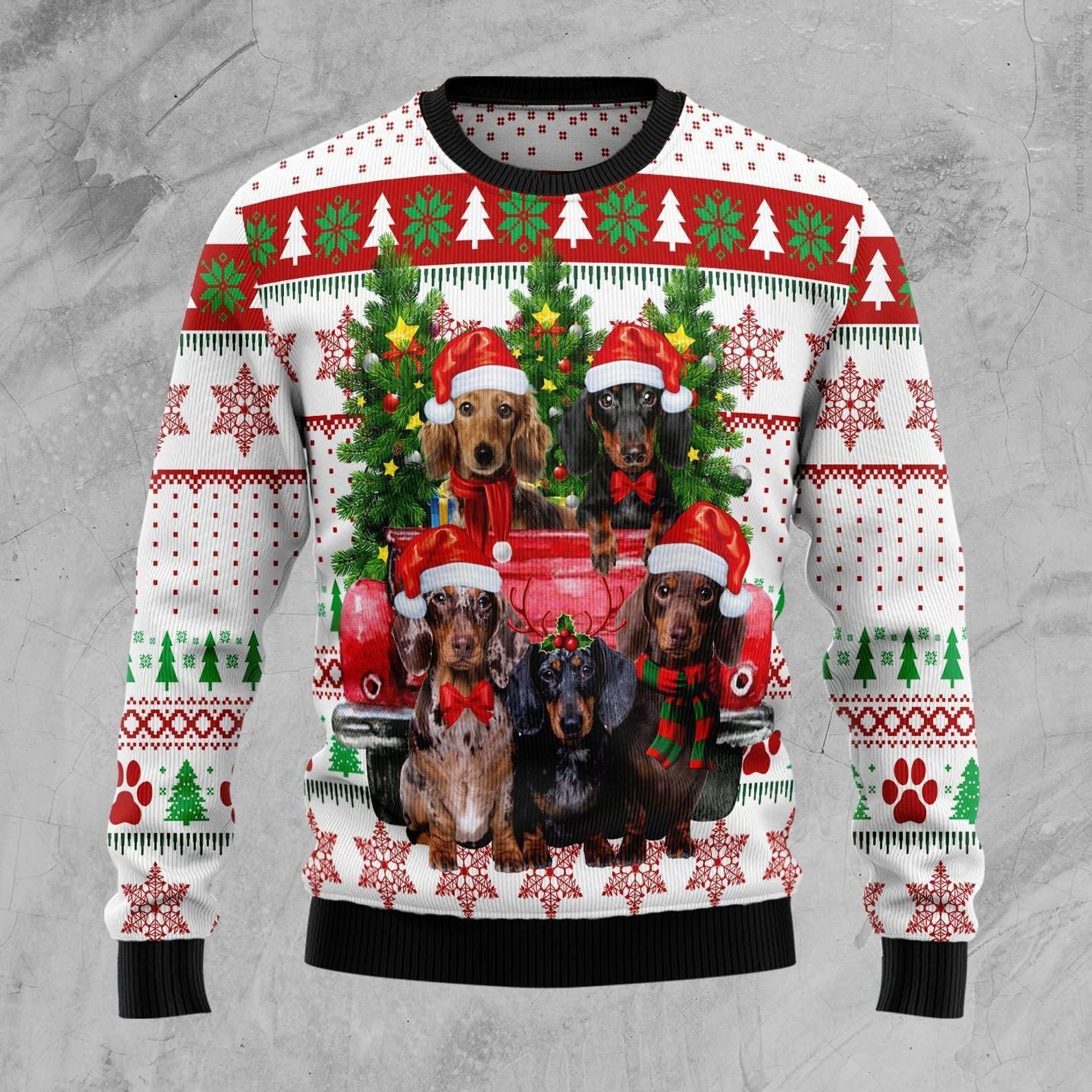 Dachshund Red Truck Ugly Christmas Sweater | For Men & Women | Adult | US1775- Best Christmas Gifts 2023