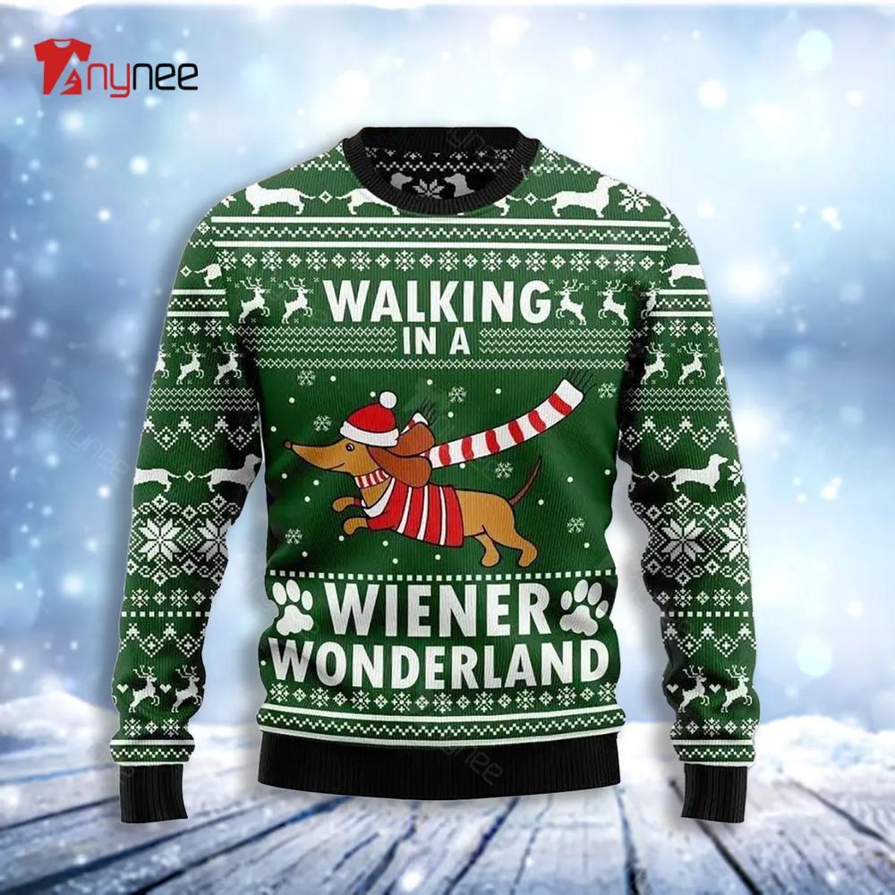 Dachshund Walking In Weiner Wonderland Ugly Christmas Sweater- Best Christmas Gifts 2023