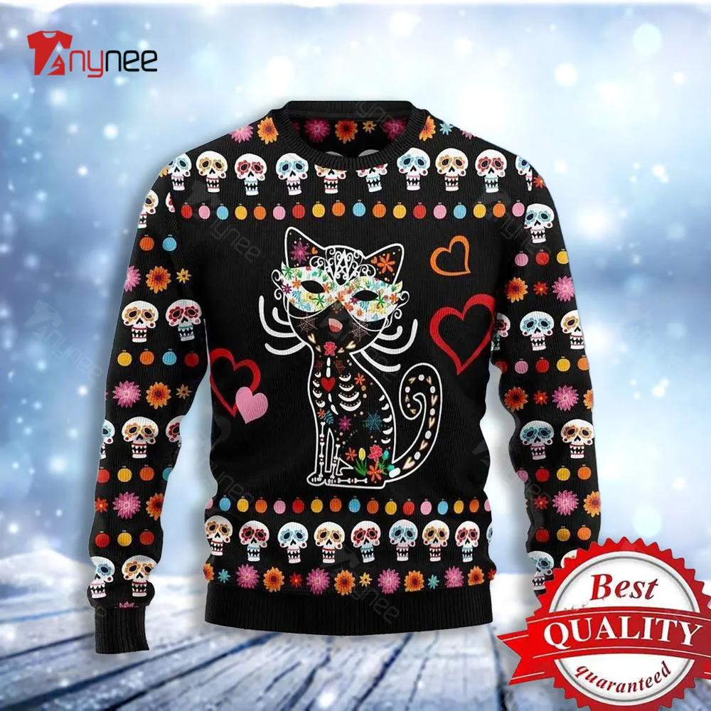 Day Of The Dead Black Cat Ugly Christmas Sweater- Best Christmas Gifts 2023