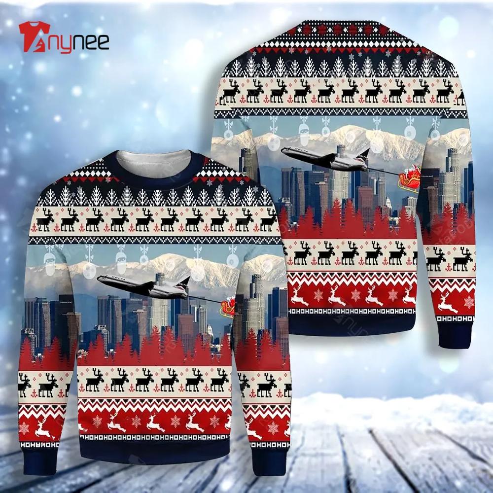 Delta Air Lines With Santa Over Los Angeles Womens Ugly Christmas Sweater- Best Christmas Gifts 2023