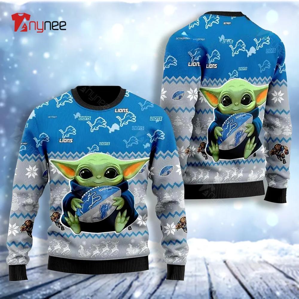 Detroit Lion Baby Yoda For American Football Fans Womens Ugly Christmas Sweater- Best Christmas Gifts 2023