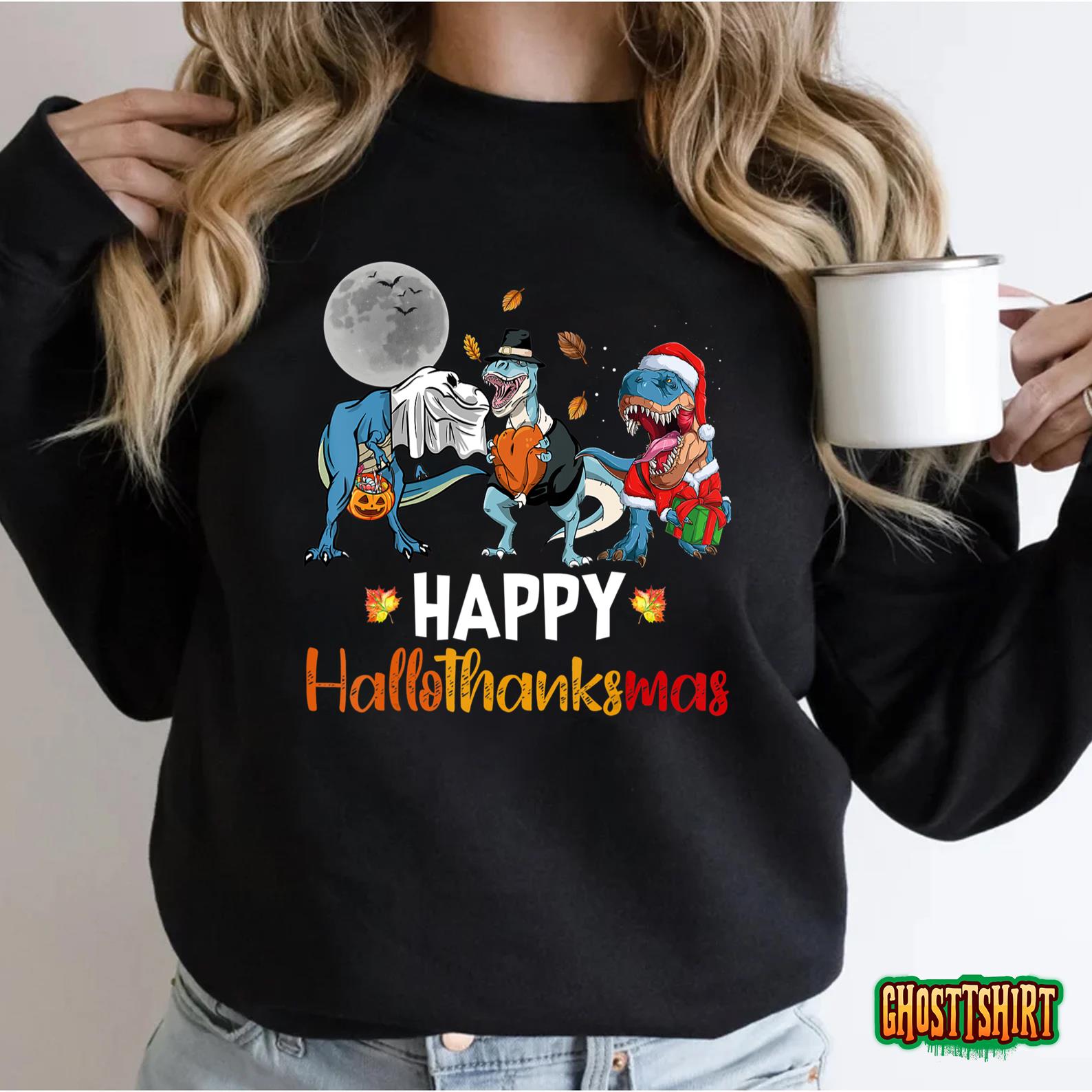 Dinosaur Halloween Thanksgiving Xmas Happy Hallothanksmas T-Shirt