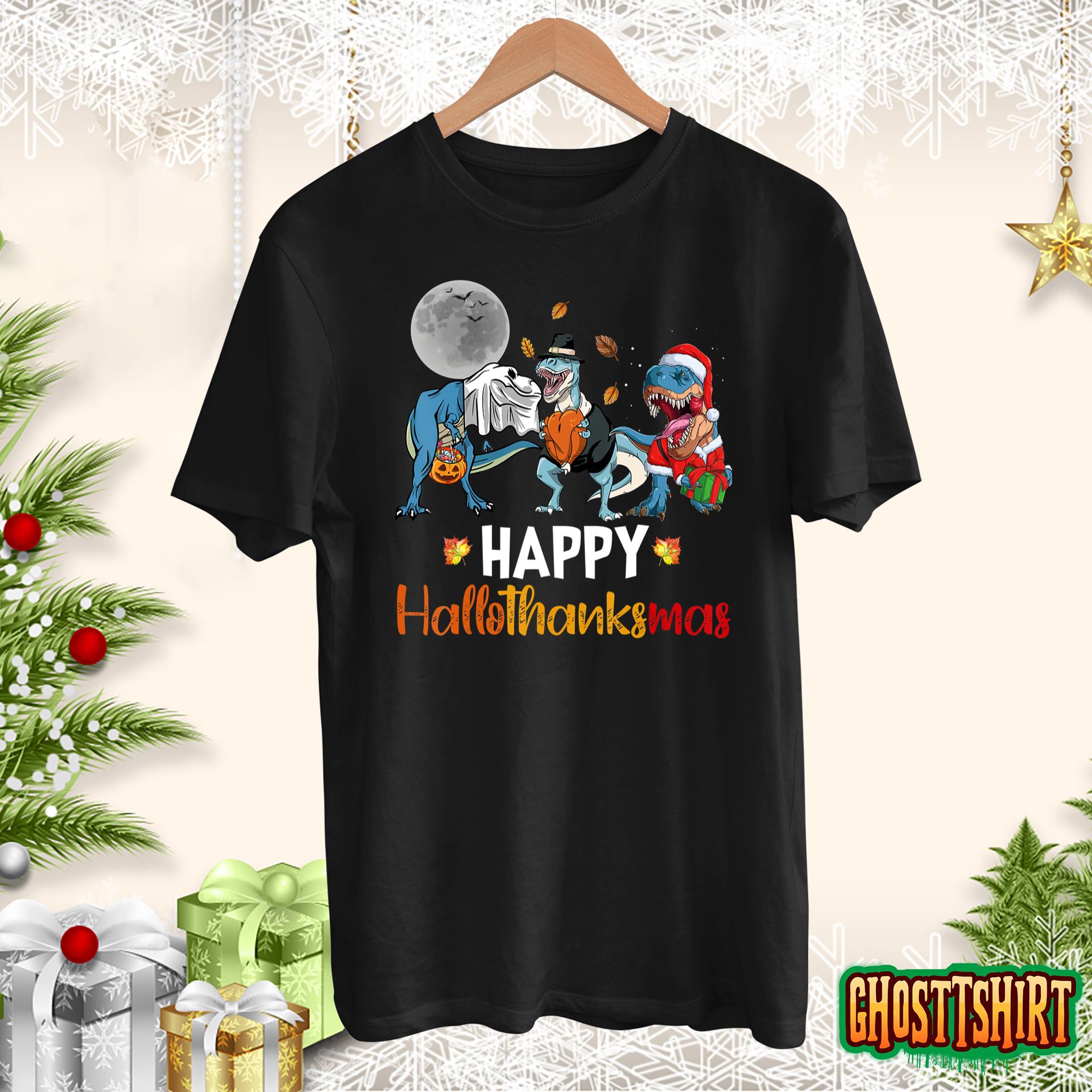 Dinosaur Halloween Thanksgiving Xmas Happy Hallothanksmas T-Shirt