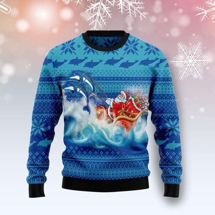 Dolphin Riding The Waves With Santa Ugly Christmas Sweater | For Men & Women | Adult | US1540- Best Christmas Gifts 2023