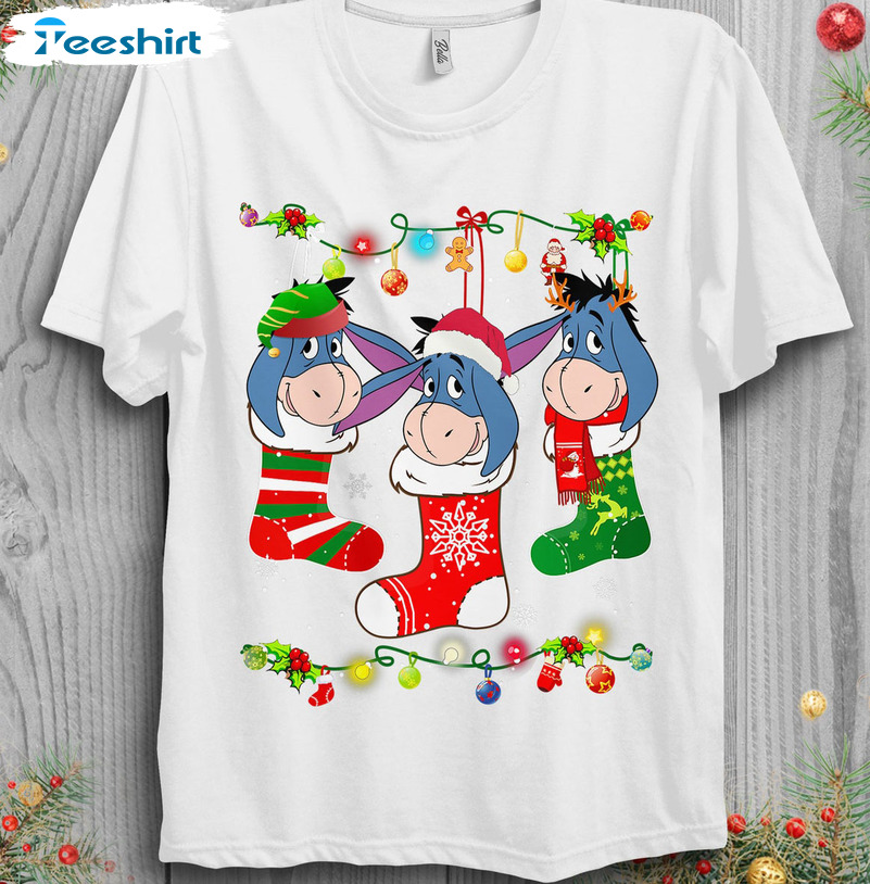 Eeyore Christmas Socks Shirt, Christmas Lights Short Sleeve Crewneck