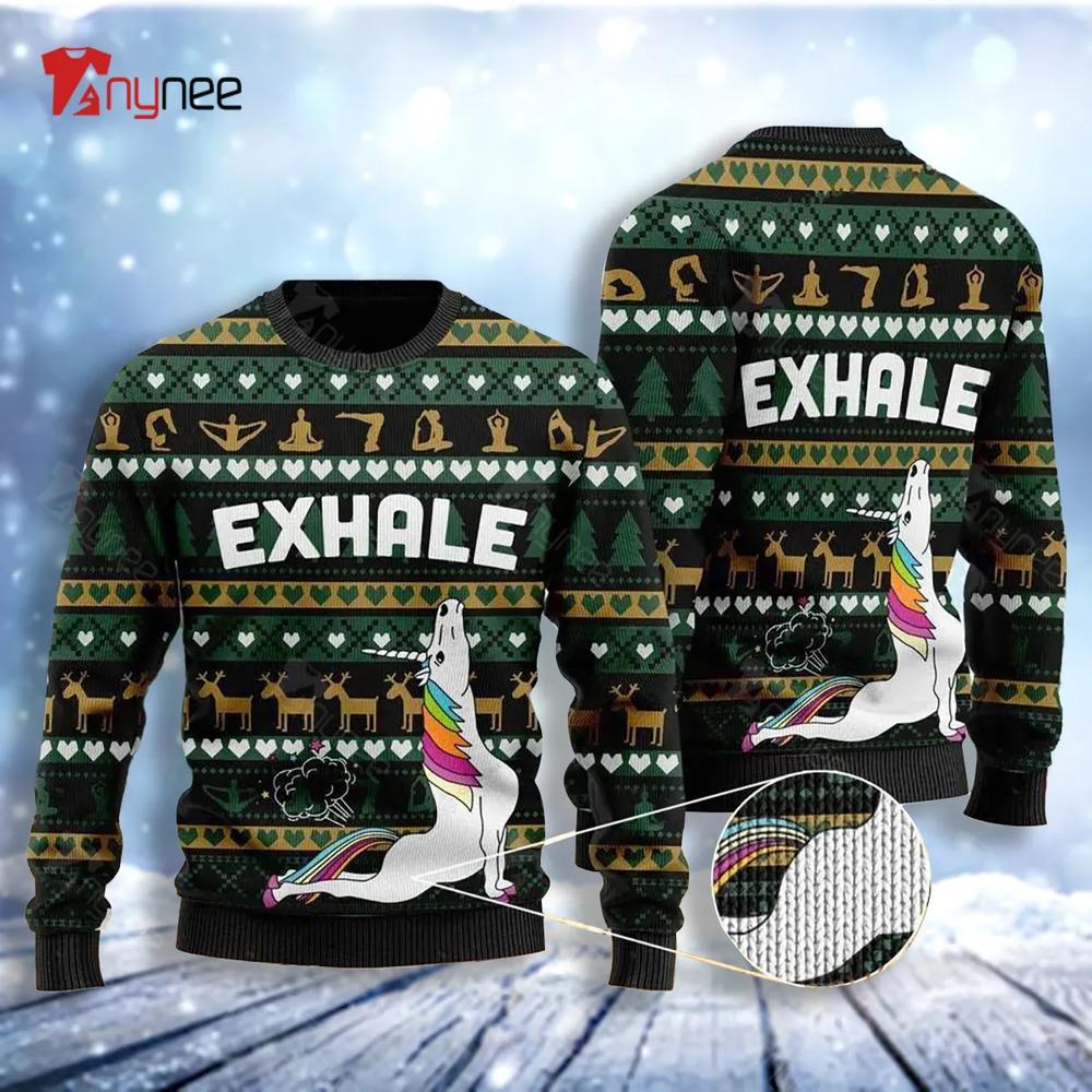 Exhale Yoga Unicorn Christmas Ugly Christmas Sweater- Best Christmas Gifts 2023