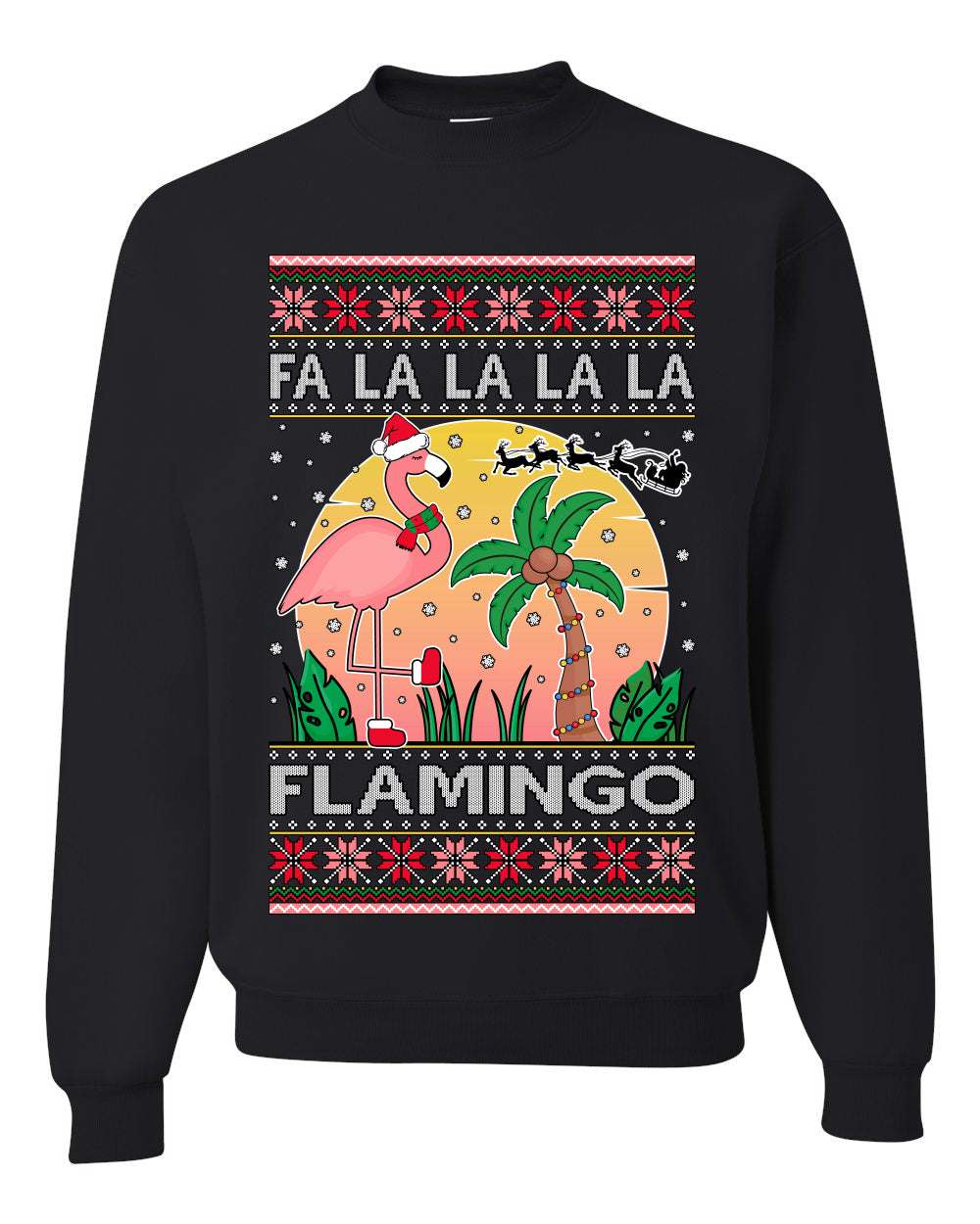 Fa La La La Mingo Pink Flamingo Santa Hat Lighting Trees Ugly Christmas Sweater Unisex Crewneck Graphic Sweatshirt- Best Christmas Gifts 2023