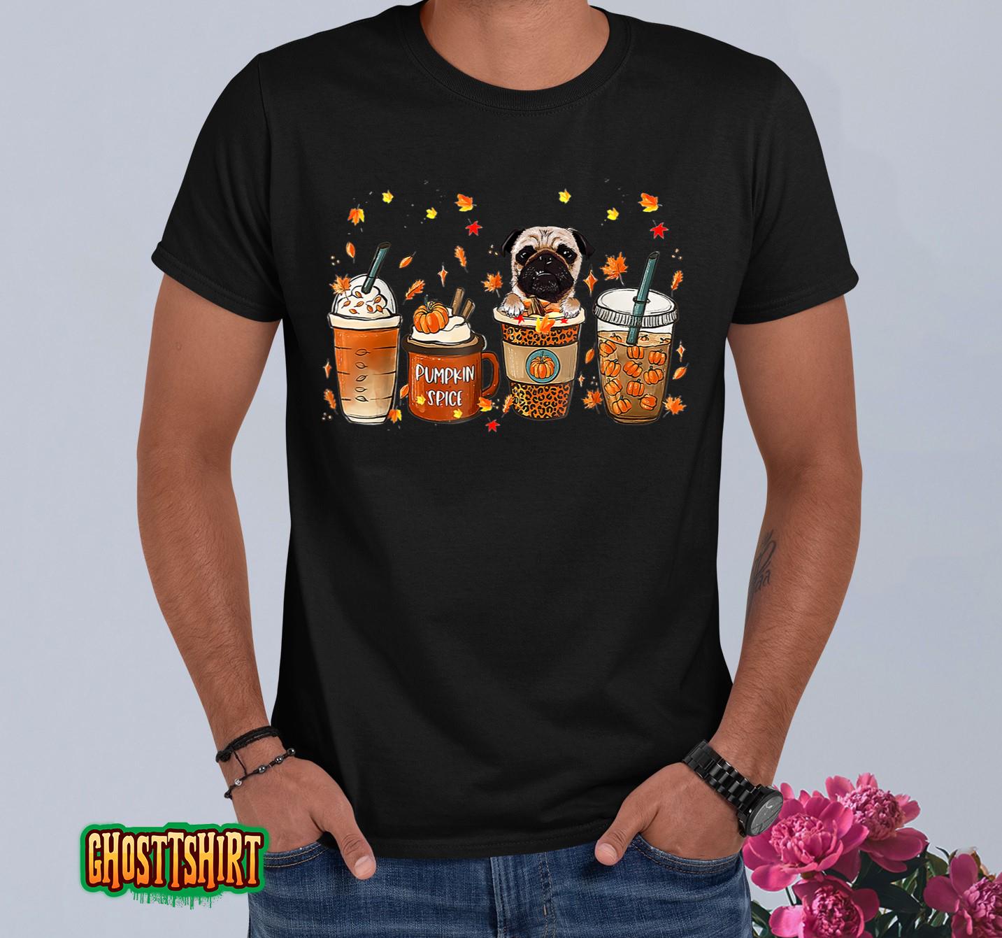 Fall Coffee Pumpkin Spice Latte Iced Autumn Pug T-Shirt