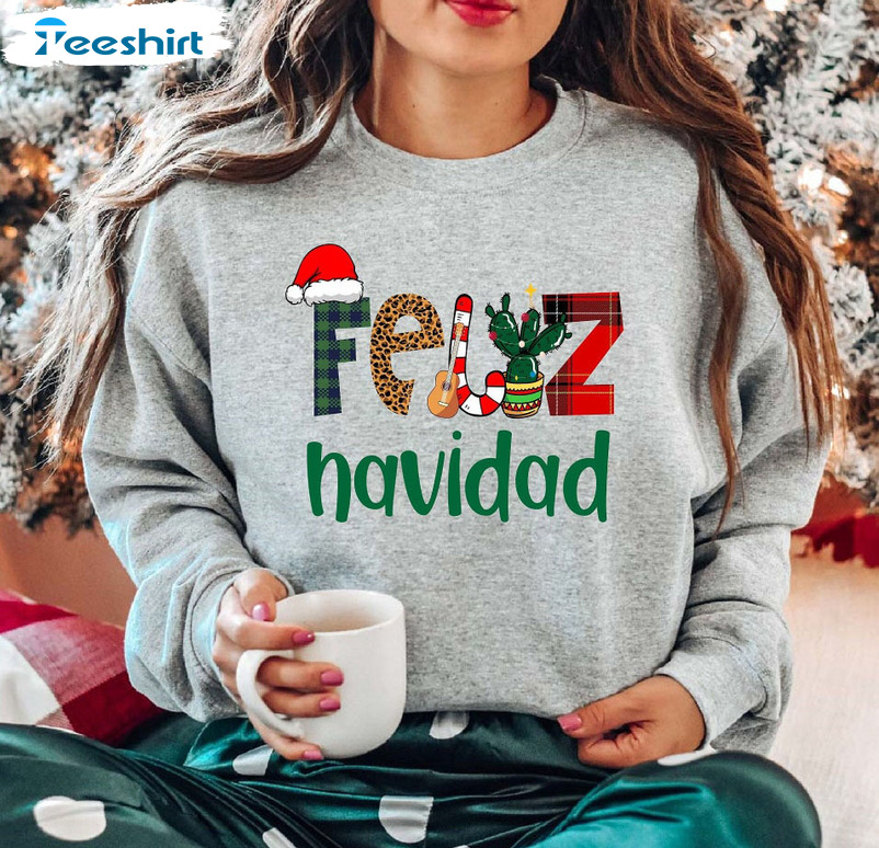 Feliz Navidad Sweatshirt, Mexican Christmas Vintage Short Sleeve Crewneck