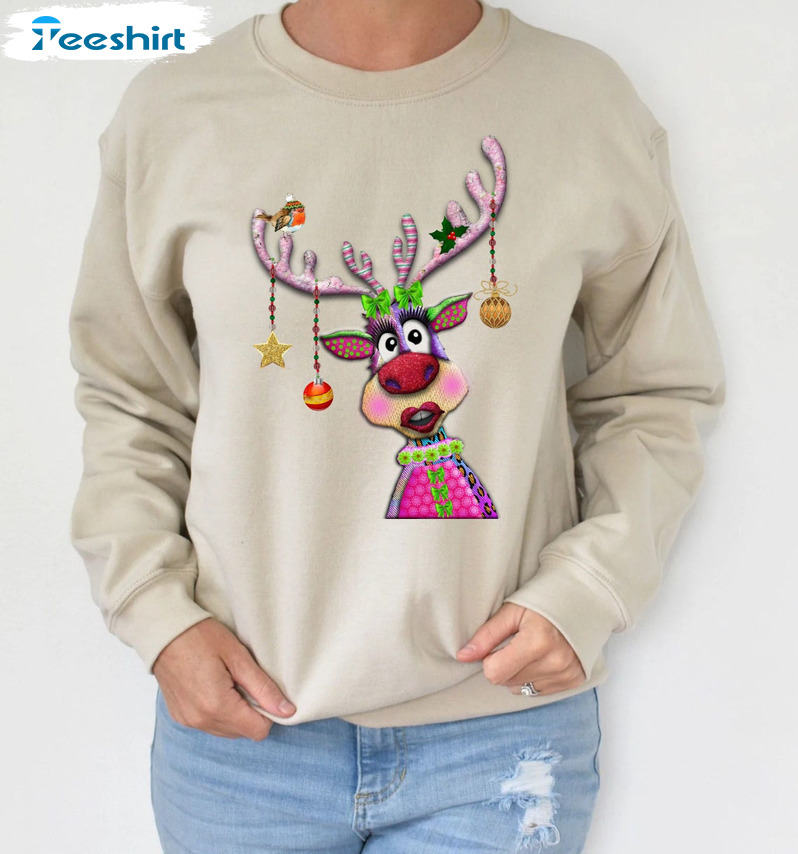 Female Reindeer Merry Christmas Shirt, Funny Xmas Long Sleeve Sweatshirt