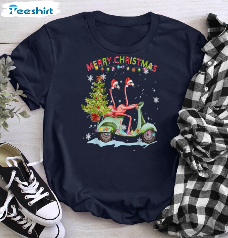 Flamingo Santa Hat Motorbike Shirt, Pink Flamingo Christmas Holiday Sweatshirt Hoodie Long Sleeve T-Shirt