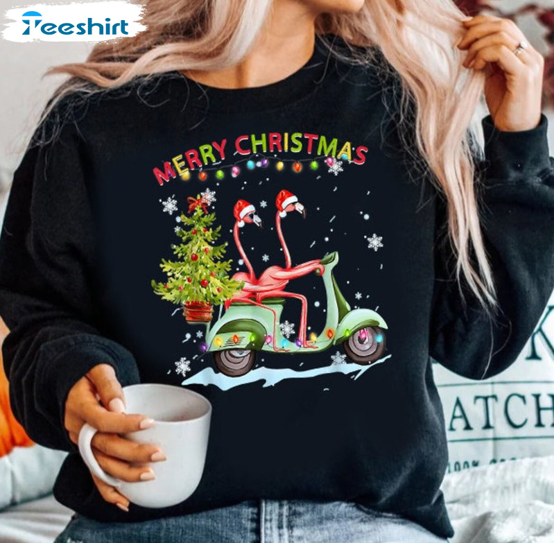 Flamingo Santa Hat Motorbike Shirt, Pink Flamingo Christmas Holiday Sweatshirt Hoodie Long Sleeve T-Shirt