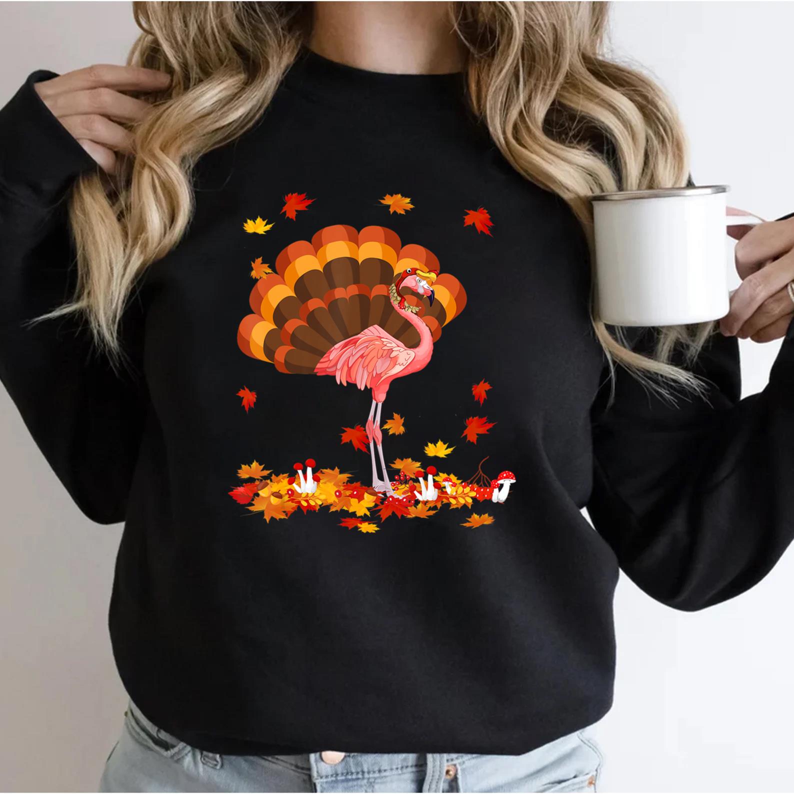 Flamingo Turkey Cute Flamingo Turkey Fall Leaf Thanksgiving T-Shirt