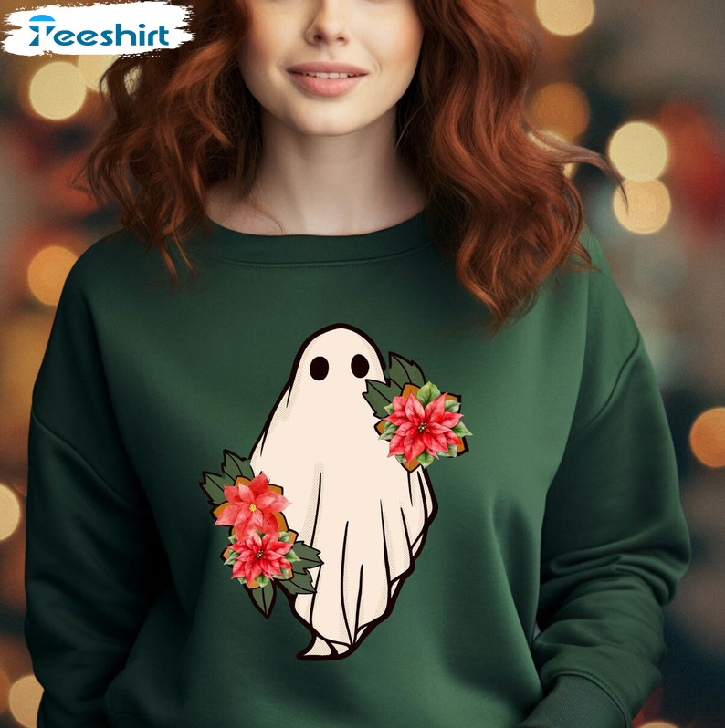 Flower Ghost Christmas Shirt, Trendy Crewneck Unisex Hoodie