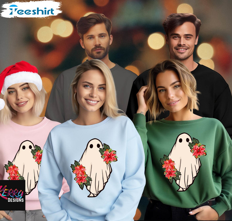 Flower Ghost Christmas Shirt, Trendy Crewneck Unisex Hoodie