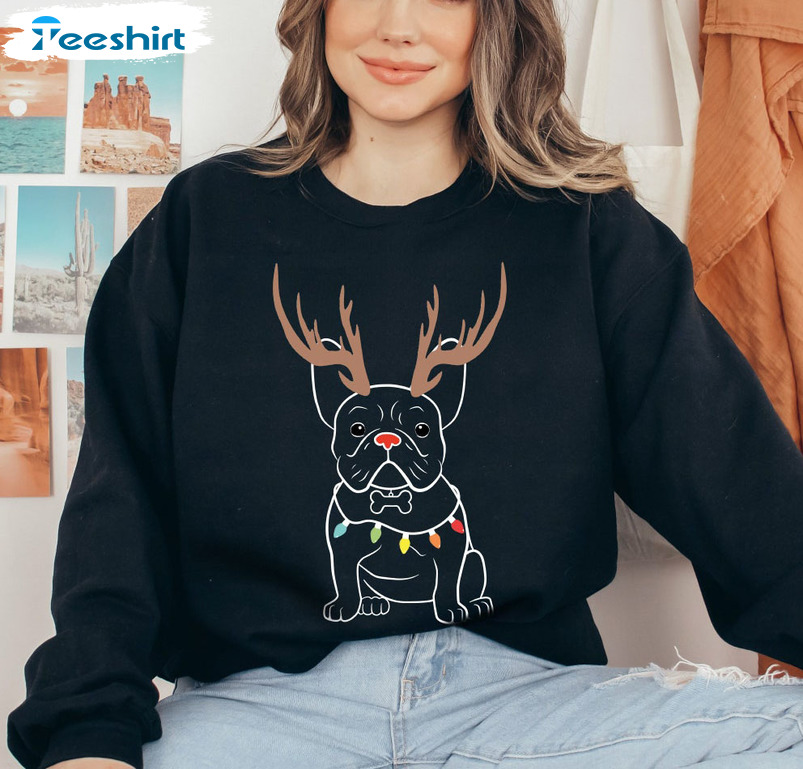 French Bulldog Christmas Lights Shirt, Frenchie Lover Long Sleeve Unisex Hoodie