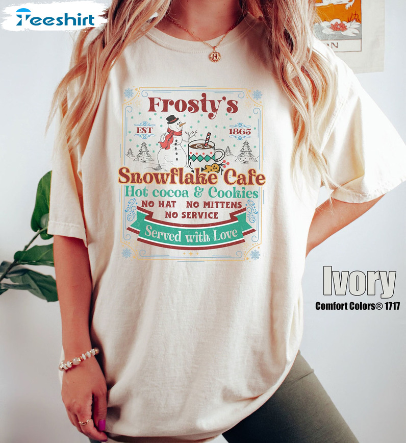 Frosty’s Snowflake Cafe Shirt, Hot Cocoa And Cookies Christmas Tee Tops Long Sleeve