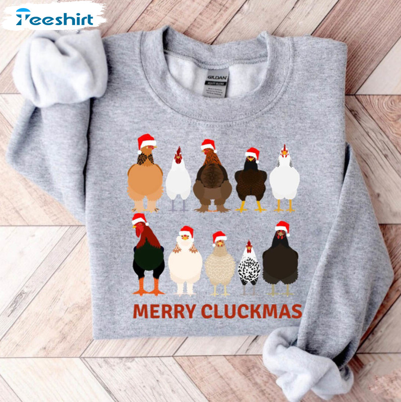 Funny Christmas Chicken Shirt, Merry Cluckmas Short Sleeve Crewneck