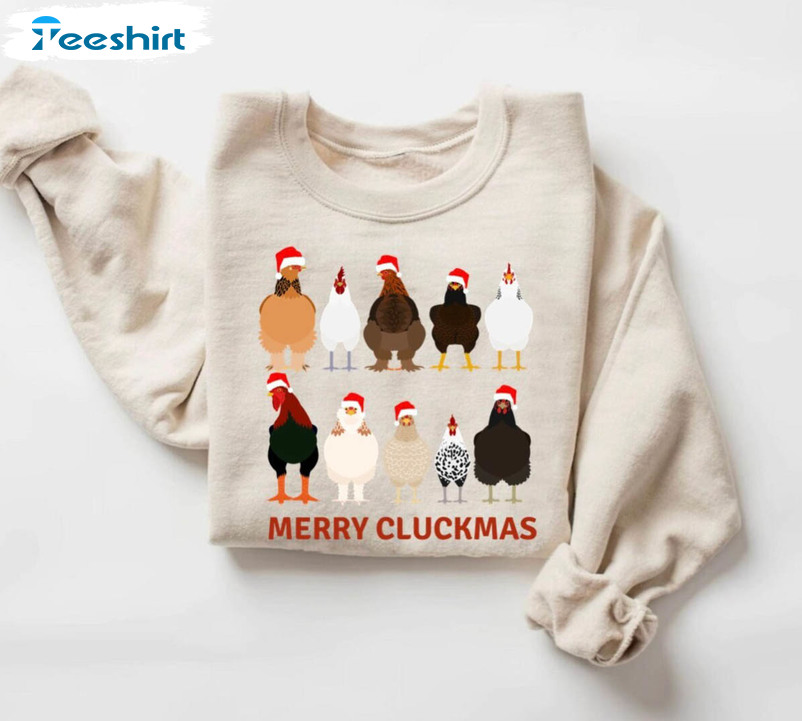 Funny Christmas Chicken Shirt, Merry Cluckmas Short Sleeve Crewneck