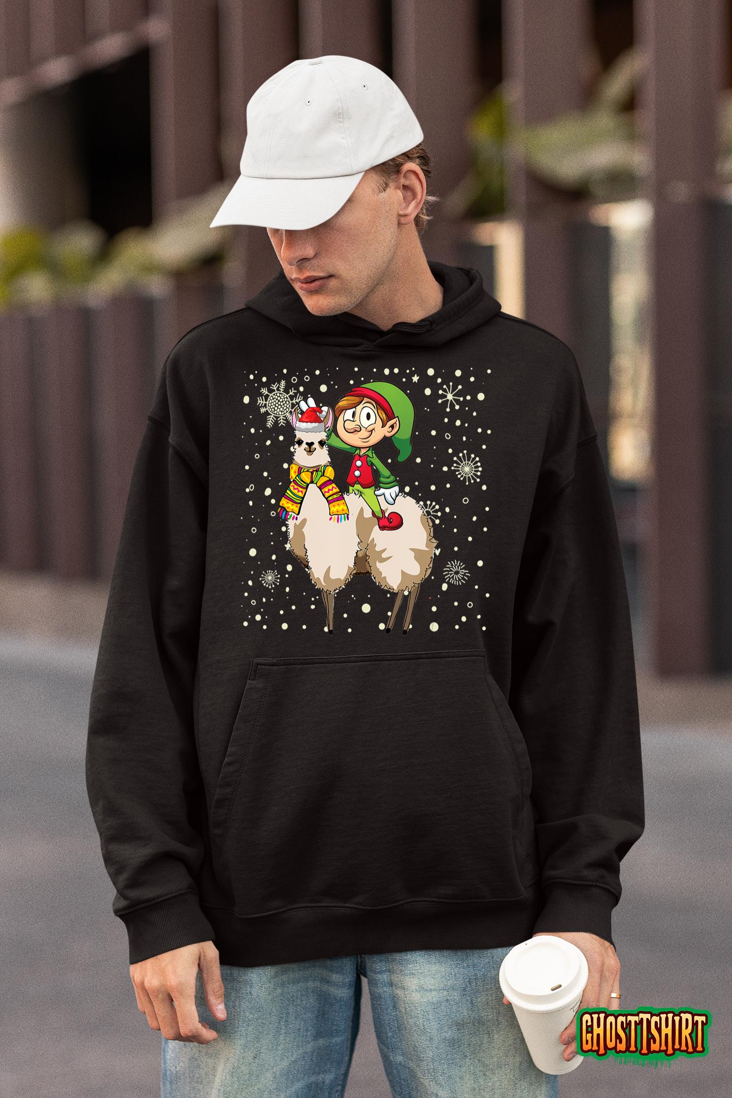 Funny Christmas ELF Riding Llama Santa Pajama Gifts Boys Hoodie