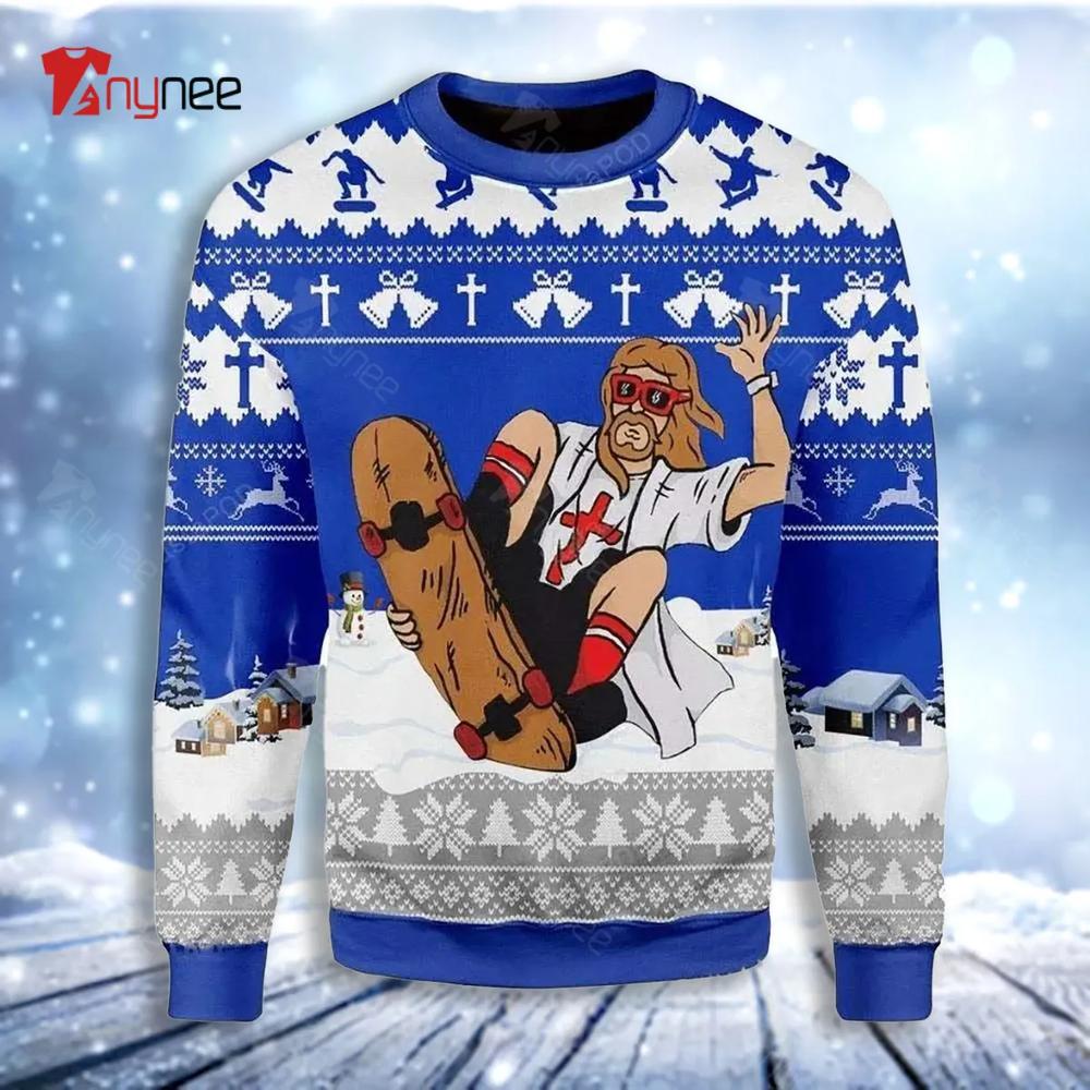 Funny Christmas Jesus Skateboarding On Snow Ugly Christmas Sweater- Best Christmas Gifts 2023