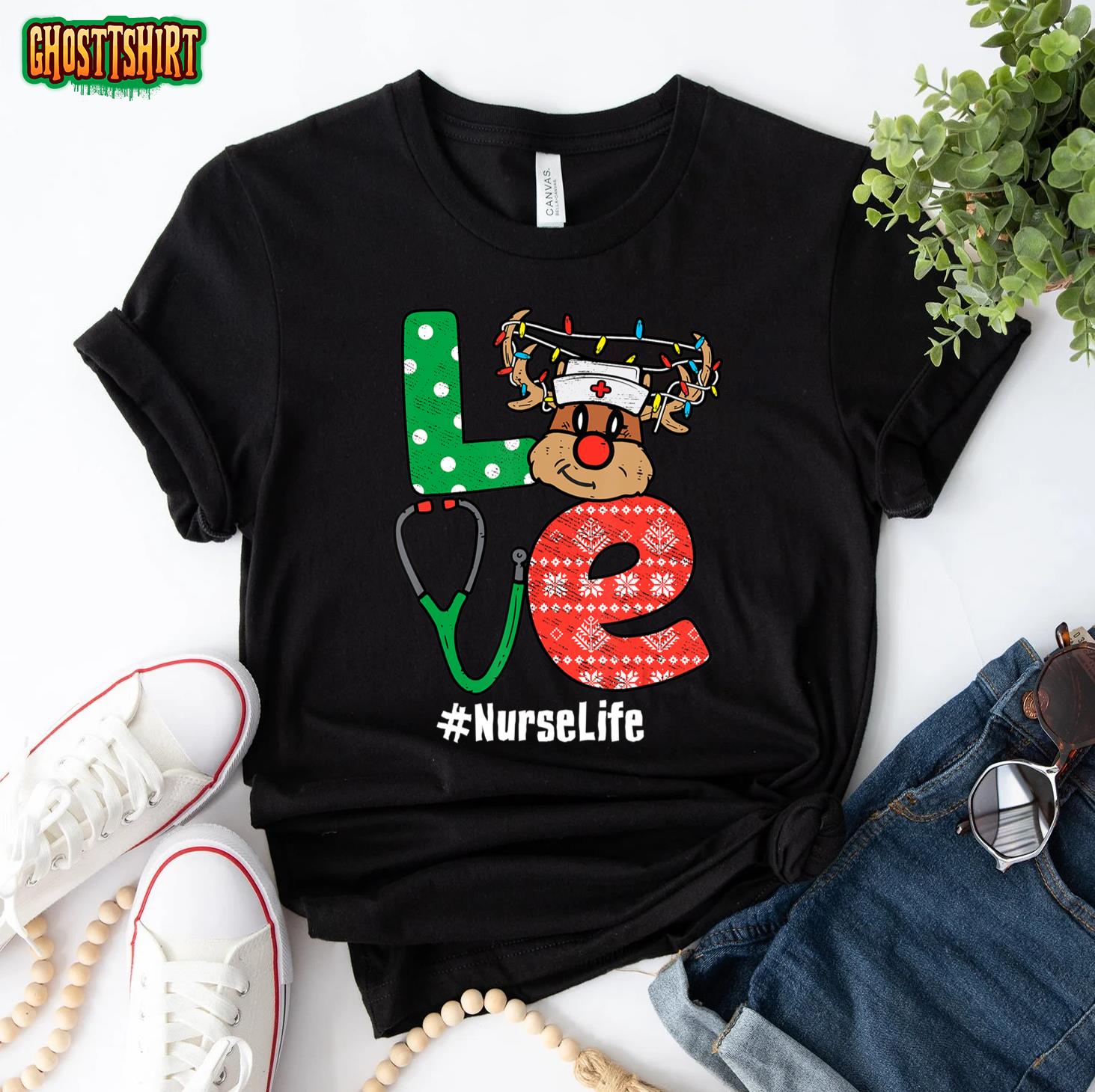 Funny Christmas Nurse Stethoscope Christmas Reindeer Nurse T-Shirt