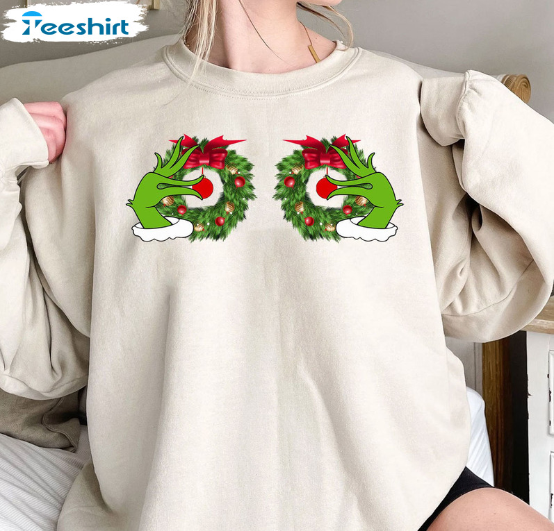 Funny Grinch’s Hand Is On The Breast Shirt, Christmas Boobies Short Sleeve