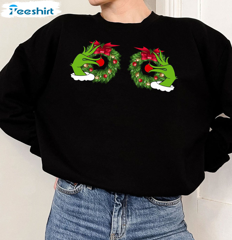 Funny Grinch’s Hand Is On The Breast Shirt, Christmas Boobies Short Sleeve